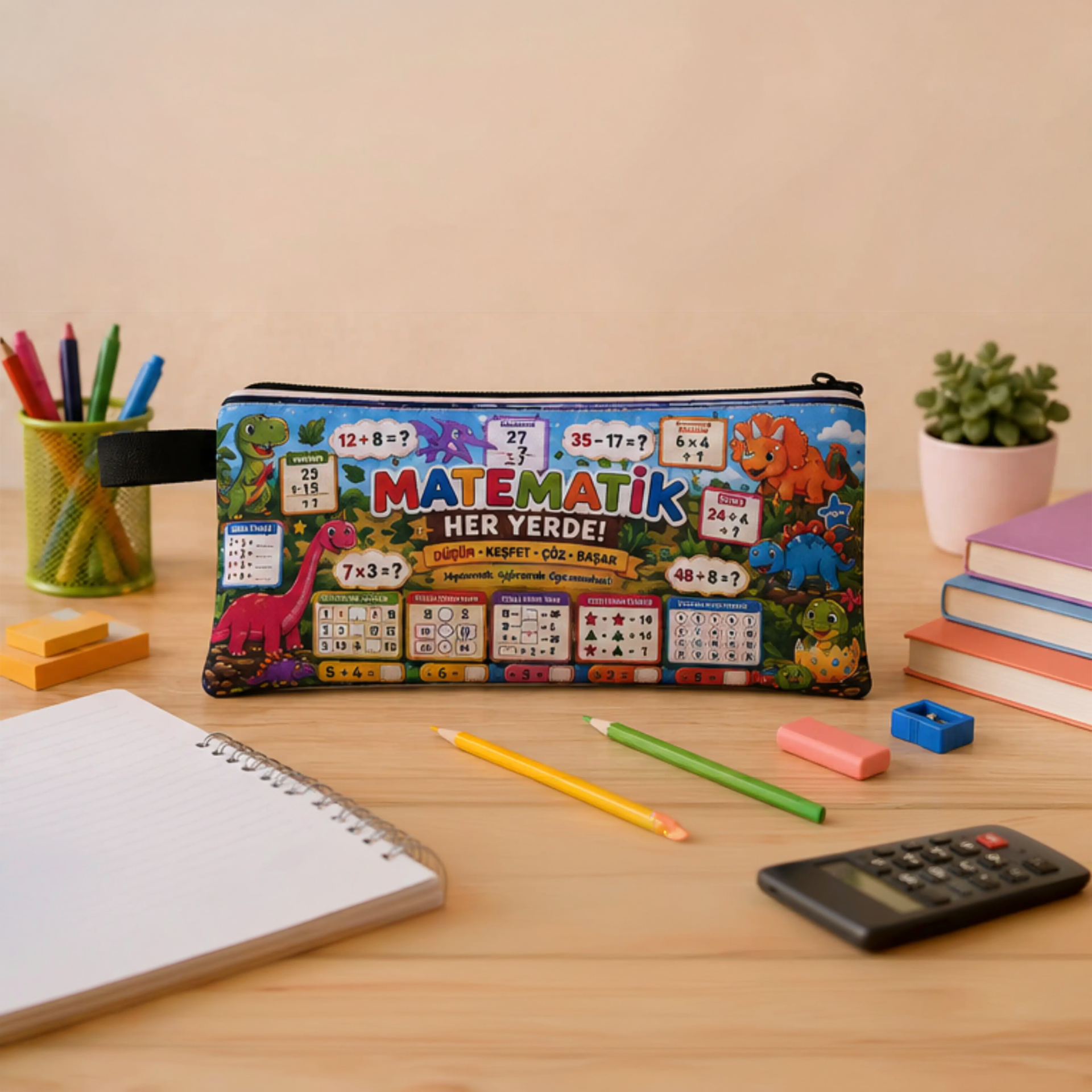 Dinozor Temalı “Matematik Her Yerde” Duck Kumaş Kalemlik (20×11 cm)