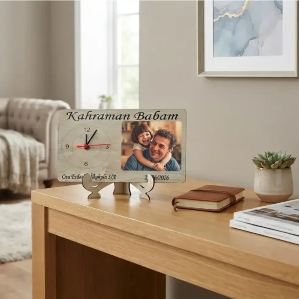 “Kahraman Babam” Tasarımlı Kişiselleştirilebilir Ahşap Masa Saati ve Fotoğraf Çerçevesi (15×25 cm)